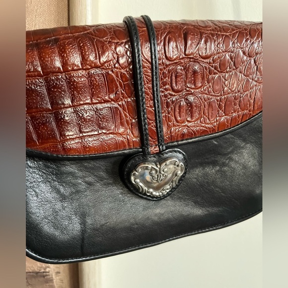 Vintage One World BRIGHTON ChocBrown Croc-Embossed & Black Leather Crossbody Bag - Picture 5 of 15